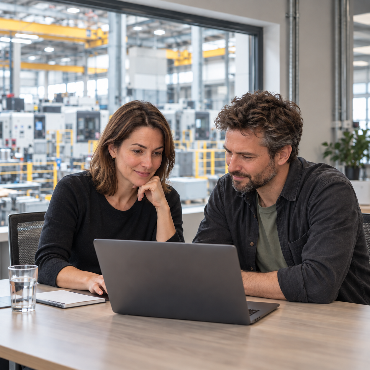 Zwei Personen besprechen sich am Laptop in einem Büro mit Blick in die Produktionshalle
